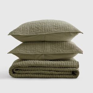 NWOT QUINCE European Linen Cotton Stitch Quilt Set Full/Queen Olive 4148